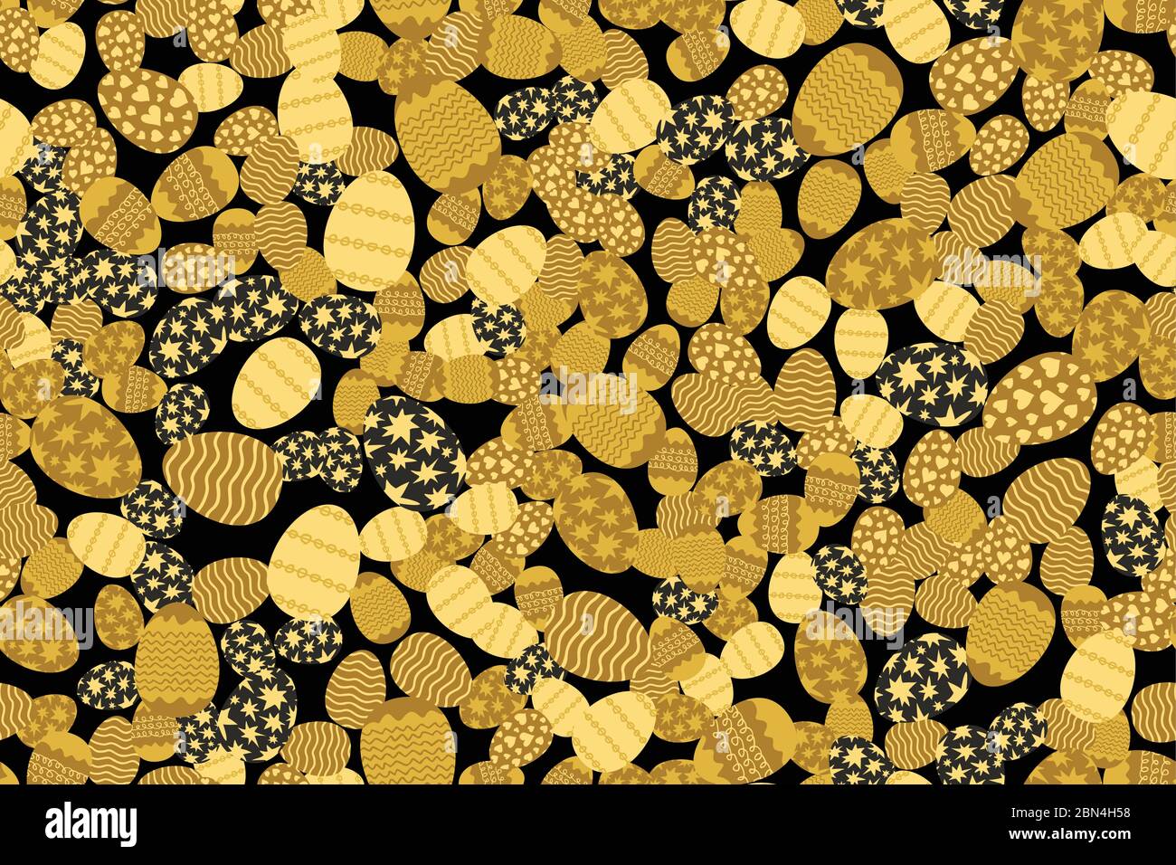Golden tones easter eggs randomly placed on black background. Decorative seamless pattern. Texture suitable for wrapping or greeting card. Vector eps8 Stock Vector