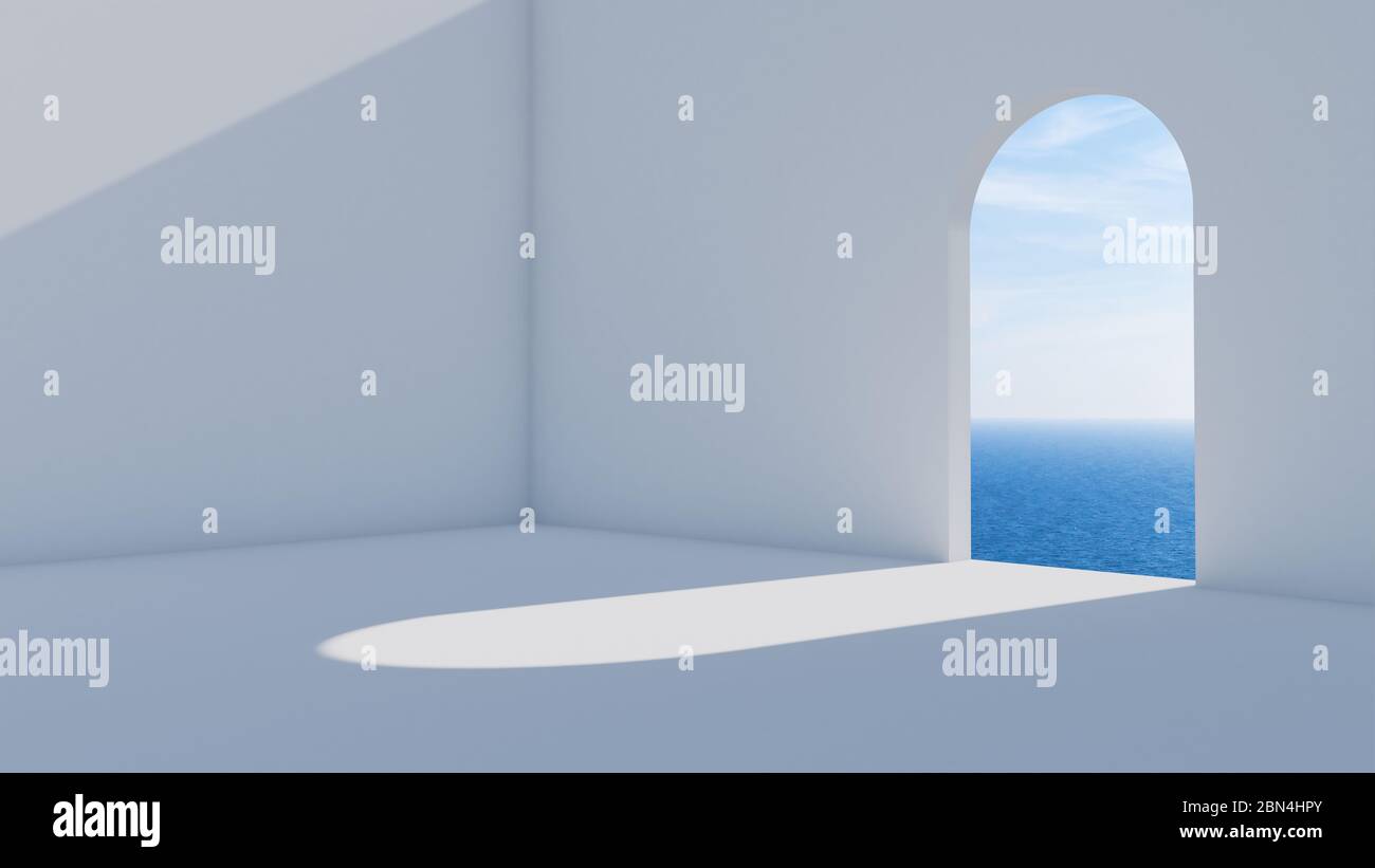 Abstract blank white interior background, empty room with arch doorway ...