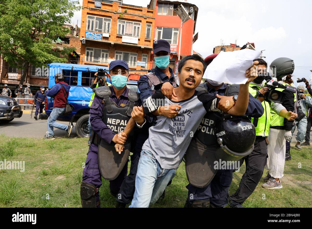 Kathmandu Nepal 12th May A Demonstrator Detainee By Police During Protests Against The Government Of