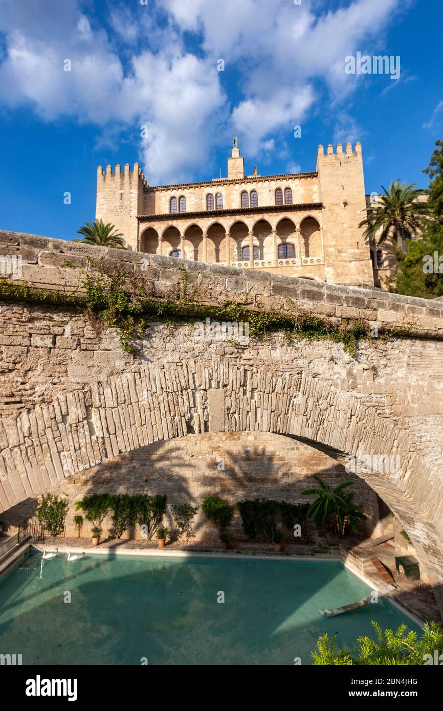Royal Palace of La Almudaina and Arc de sa Drassana and Royal Palace of La Almudaina,  Palma de Mallorca, Balearic Islands, Spain Stock Photo
