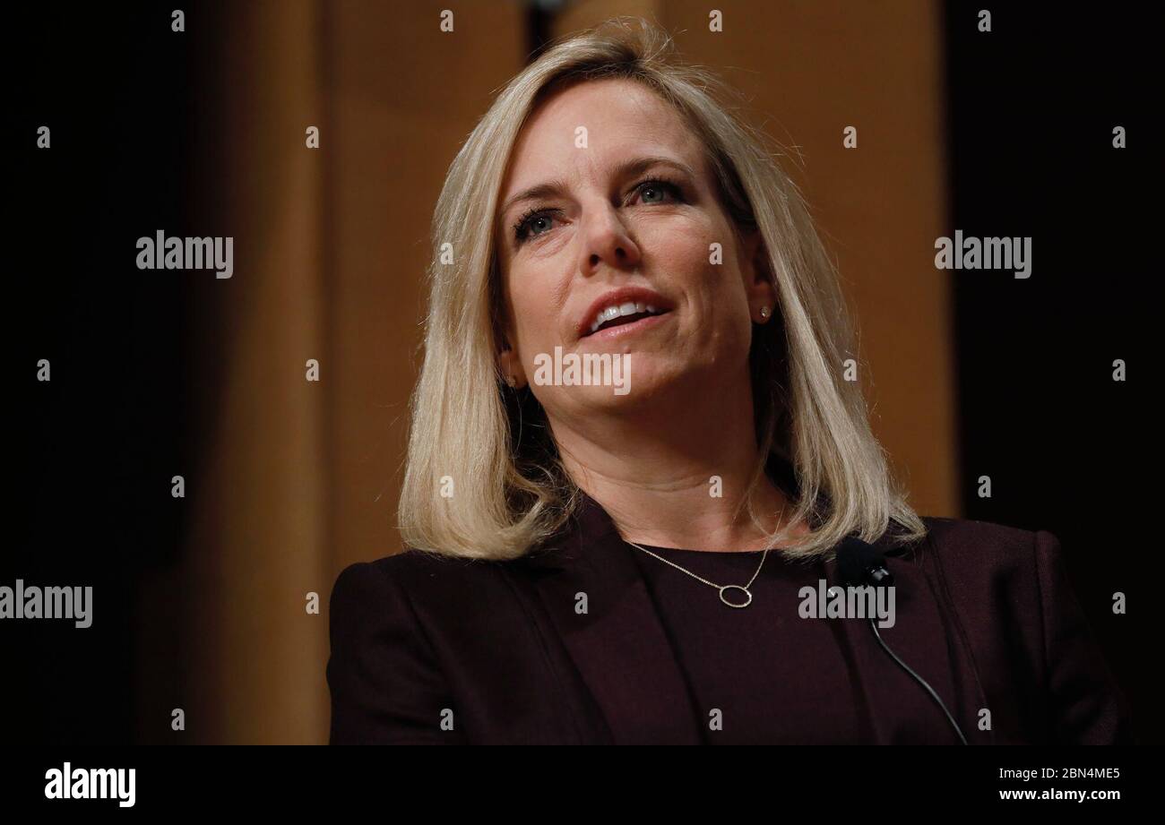 Dept. of Homeland Security Secretary Kirstjen Nielsen speaks during a panel discussion as DHS marks its 15th anniversary at the Ronald Reagan Building in Washington, D.C., March 1, 2018. U.S. Customs and Border Protection Stock Photo