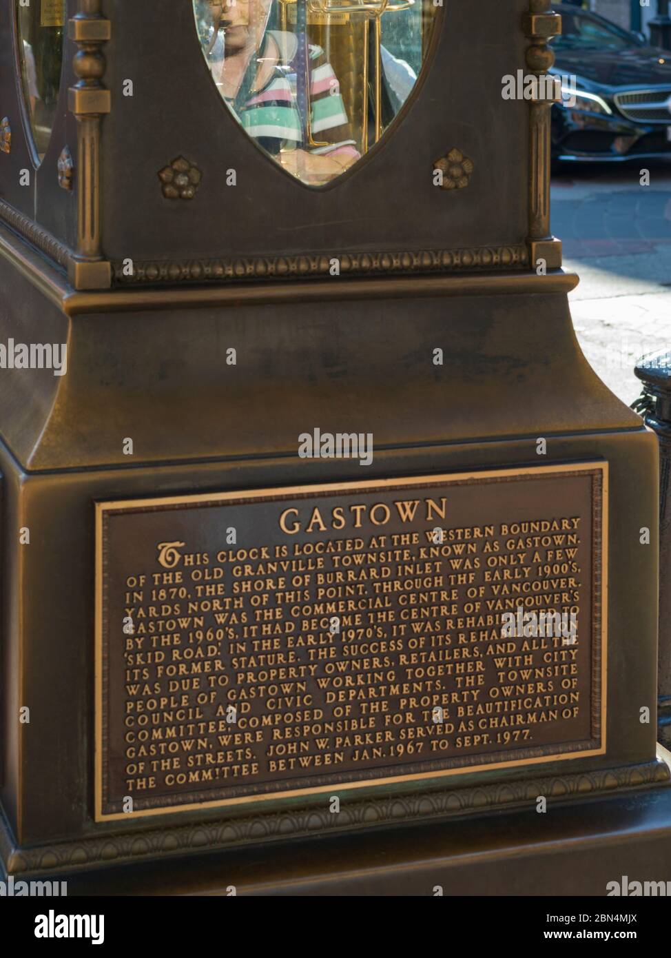 View of a memorial plaque on Gastown clock, Gastown, Vancouver, Lower