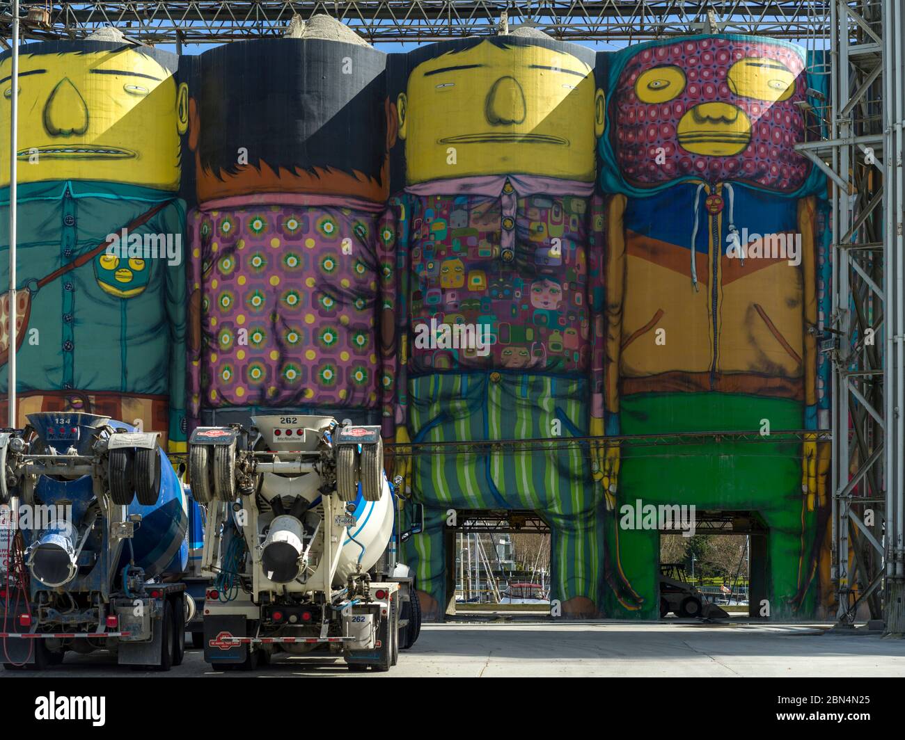 View painted cement cylinders at a cement plant, Granville Island