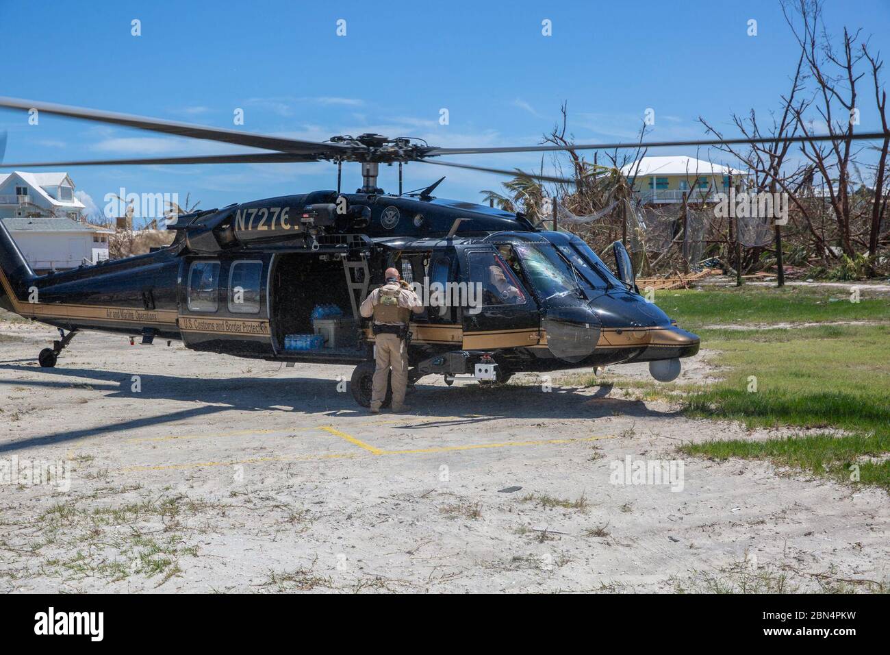 CBP Air and Marine Operations agents conduct search and rescue operations in Abaco Island and Marsh Harbor Bahamas on Sept. 5, 2019. The islands were devastated by Hurricane Dorian. Stock Photo