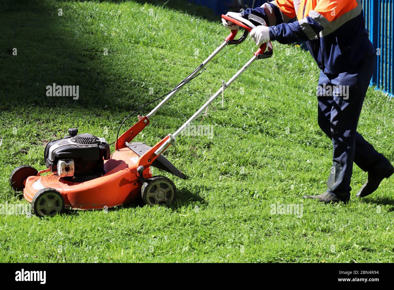 Gardener mowing the grass with lawn mower. Park improvement in sunny day Stock Photo
