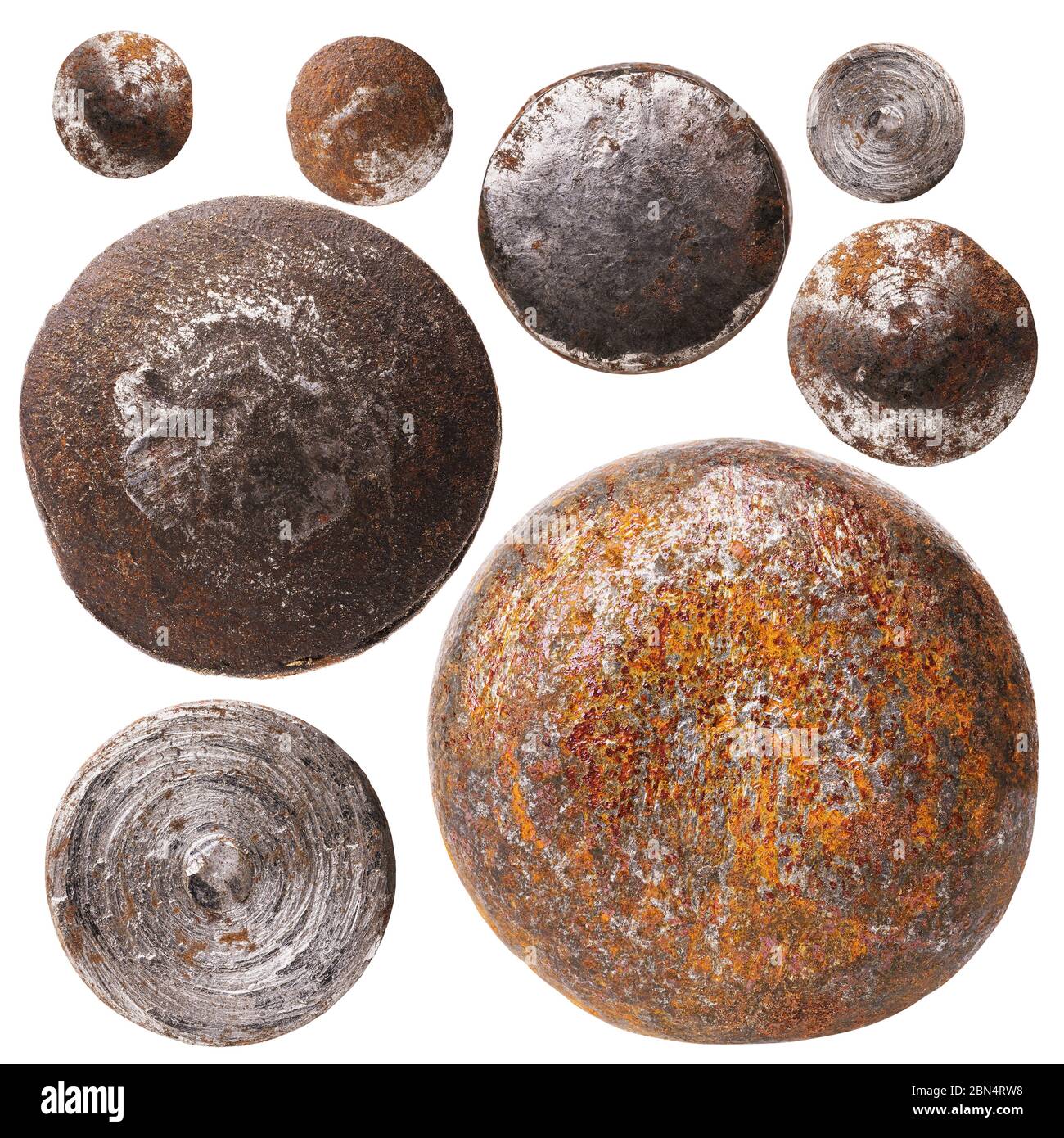 Collection of various rusty rivet heads isolated on white background. Photo Stacking Stock Photo