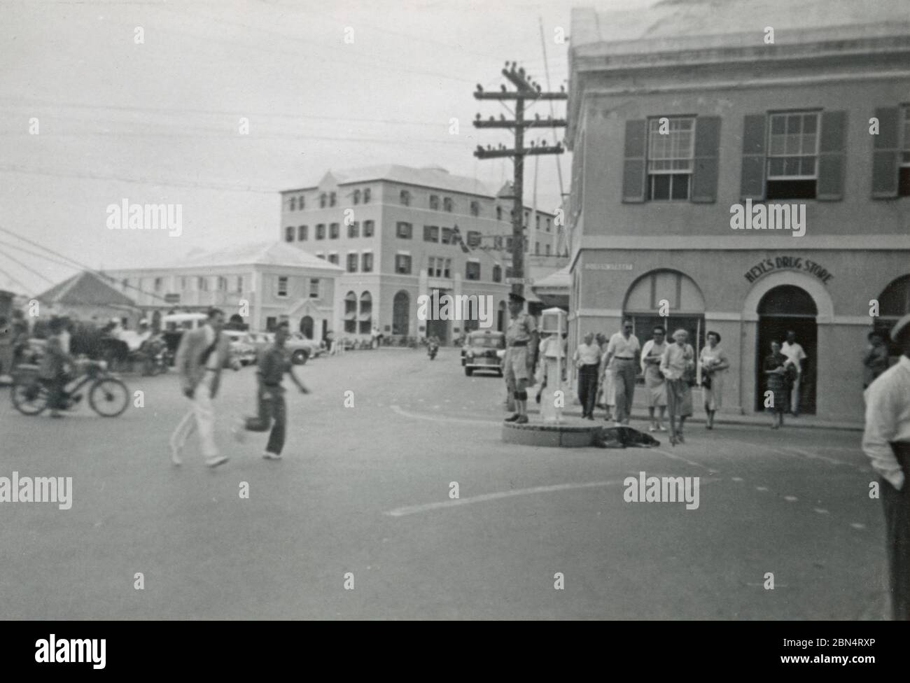 Vintage photograph, Heyl's Corner at Queen Street and Front Street in Hamilton, Bermuda on October 30, 1955. Taken by a passenger debarked from a cruise ship. SOURCE: ORIGINAL PHOTOGRAPH Stock Photo