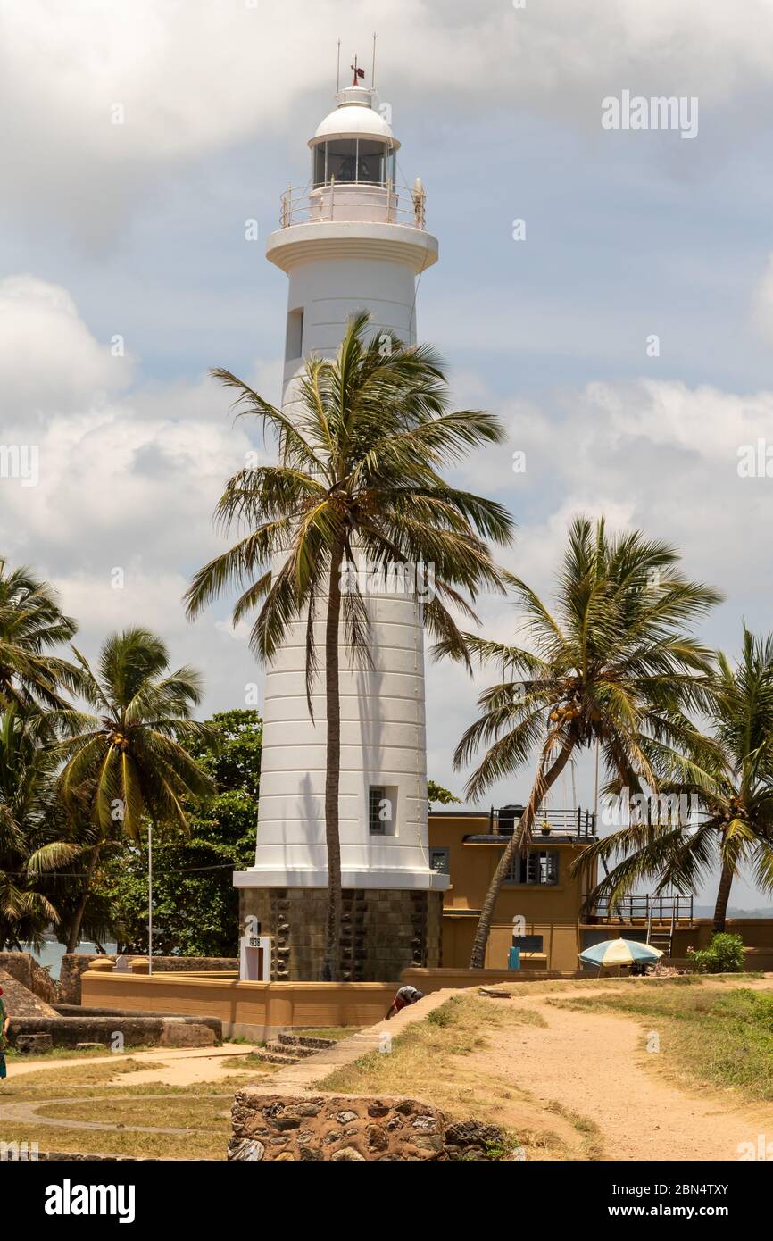 Cylindrical white lighthouse set amongst a grove of tropical palm trees against a cloudy sky Stock Photo