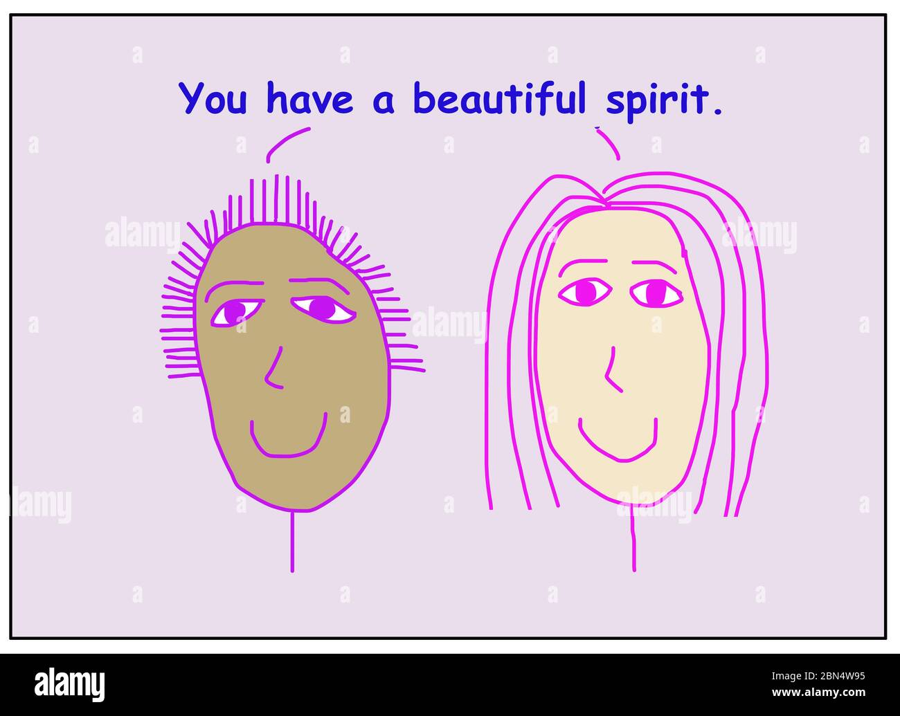 Color cartoon showing two smiling and ethnically diverse women saying you have a beautiful spirit. Stock Photo