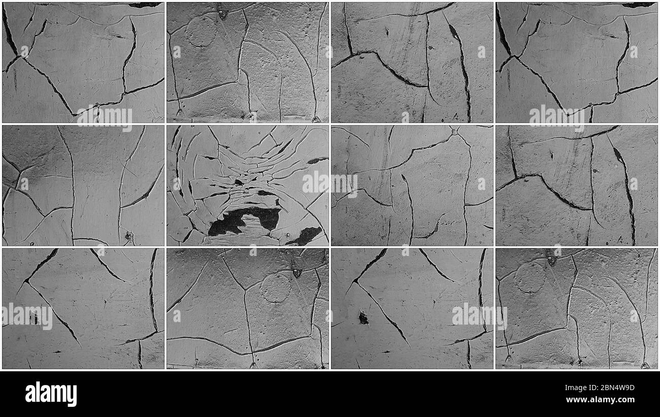 Set of distress cracked concrete, rusted metal texture. Black and white grunge background. Stock Photo