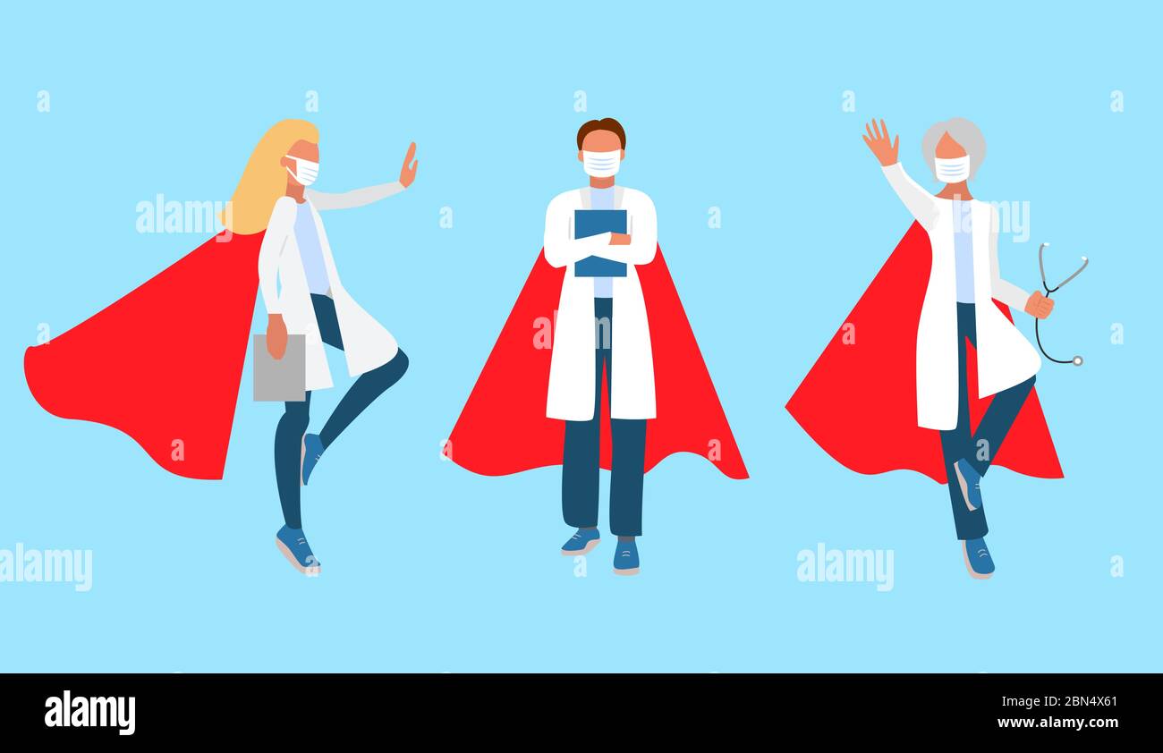 Medic Hero. Set of doctor charachters in superhero unifom and medical mask. Stock Vector