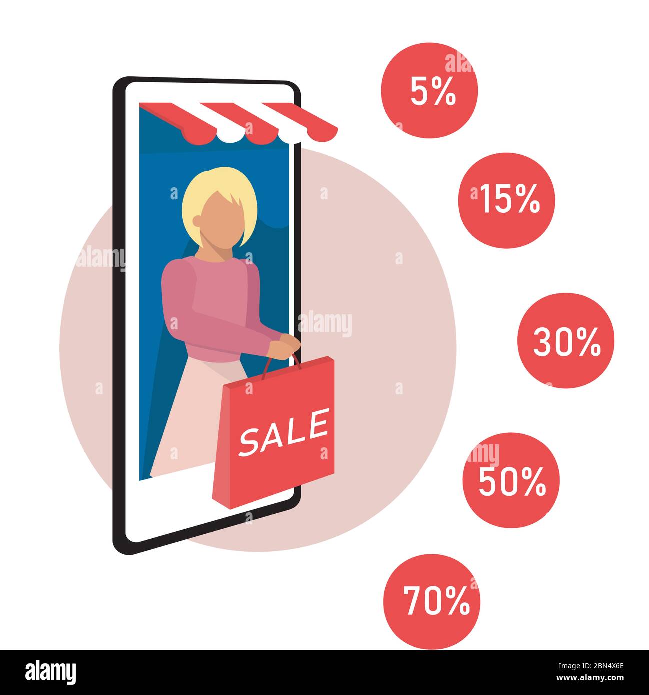 Concept online shop, online sale. Woman holding shopping bag in the cellphone Stock Vector