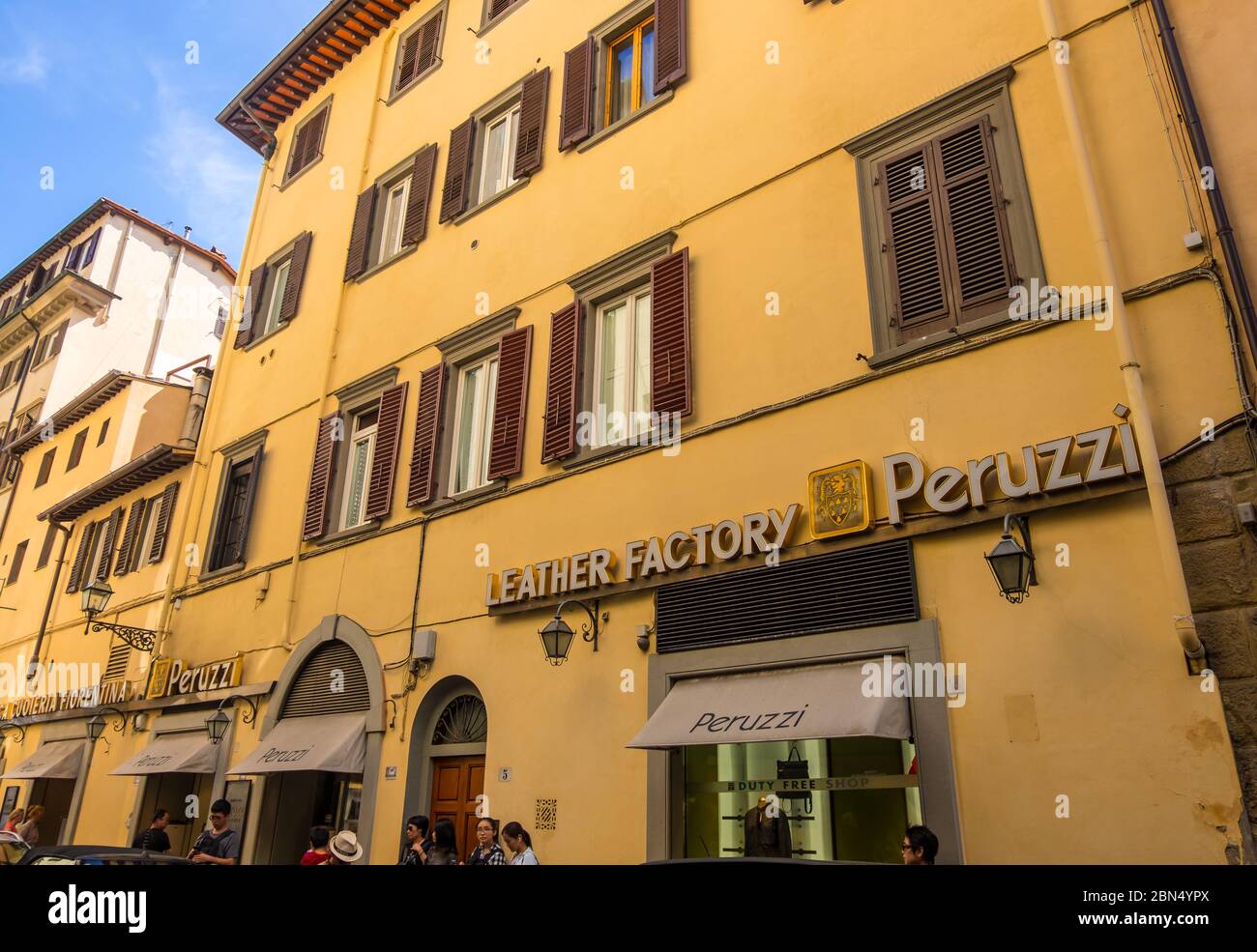 Florence, Italy - August 16, 2019: Facade of the famous clothing store Peruzzi Leather Factory in the historic centre of Florence, Tuscany, Italy Stock Photo