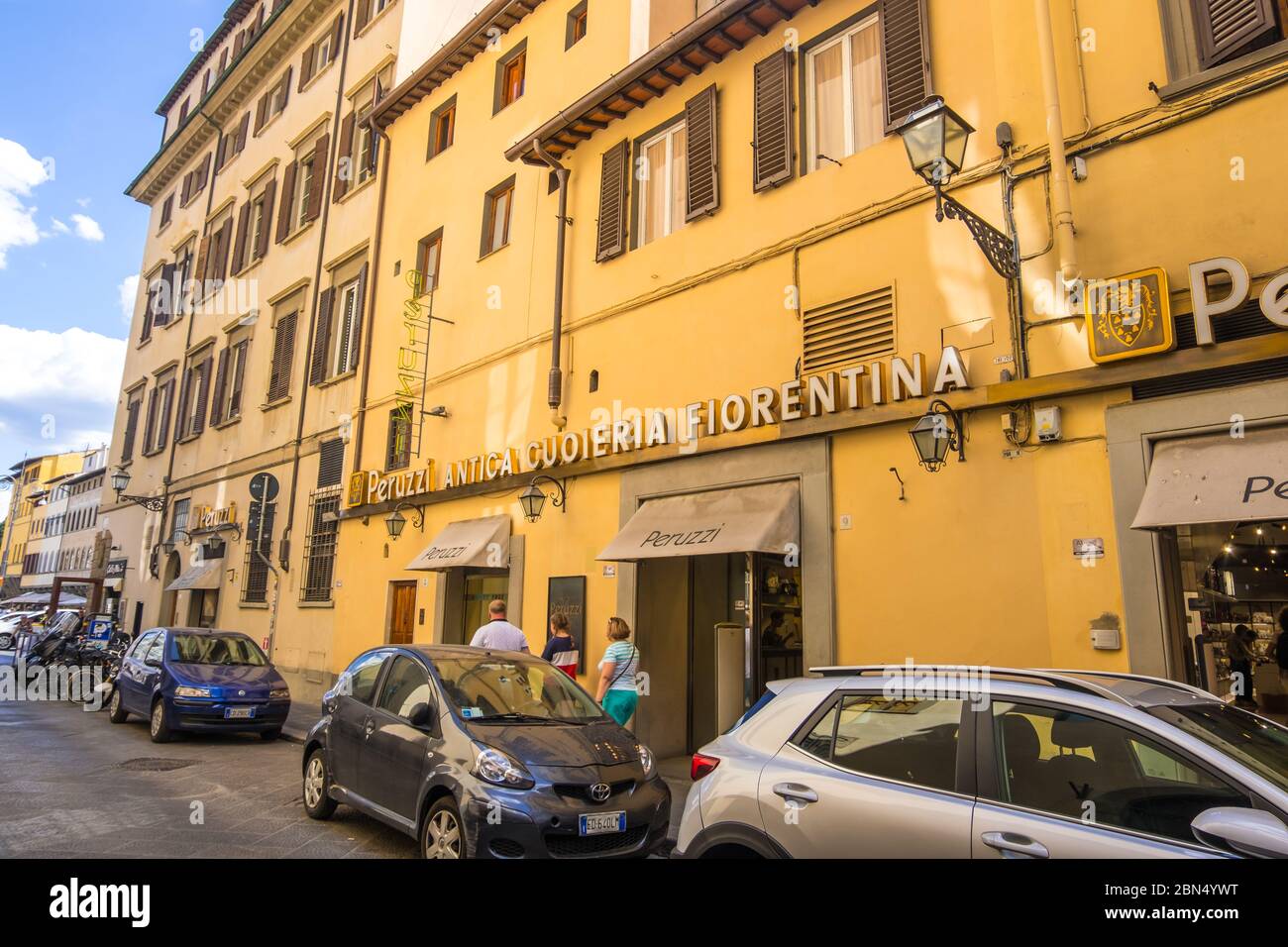Florence, Italy - August 16, 2019: Facade of the famous clothing store Peruzzi Leather Factory in the historic centre of Florence, Tuscany, Italy Stock Photo