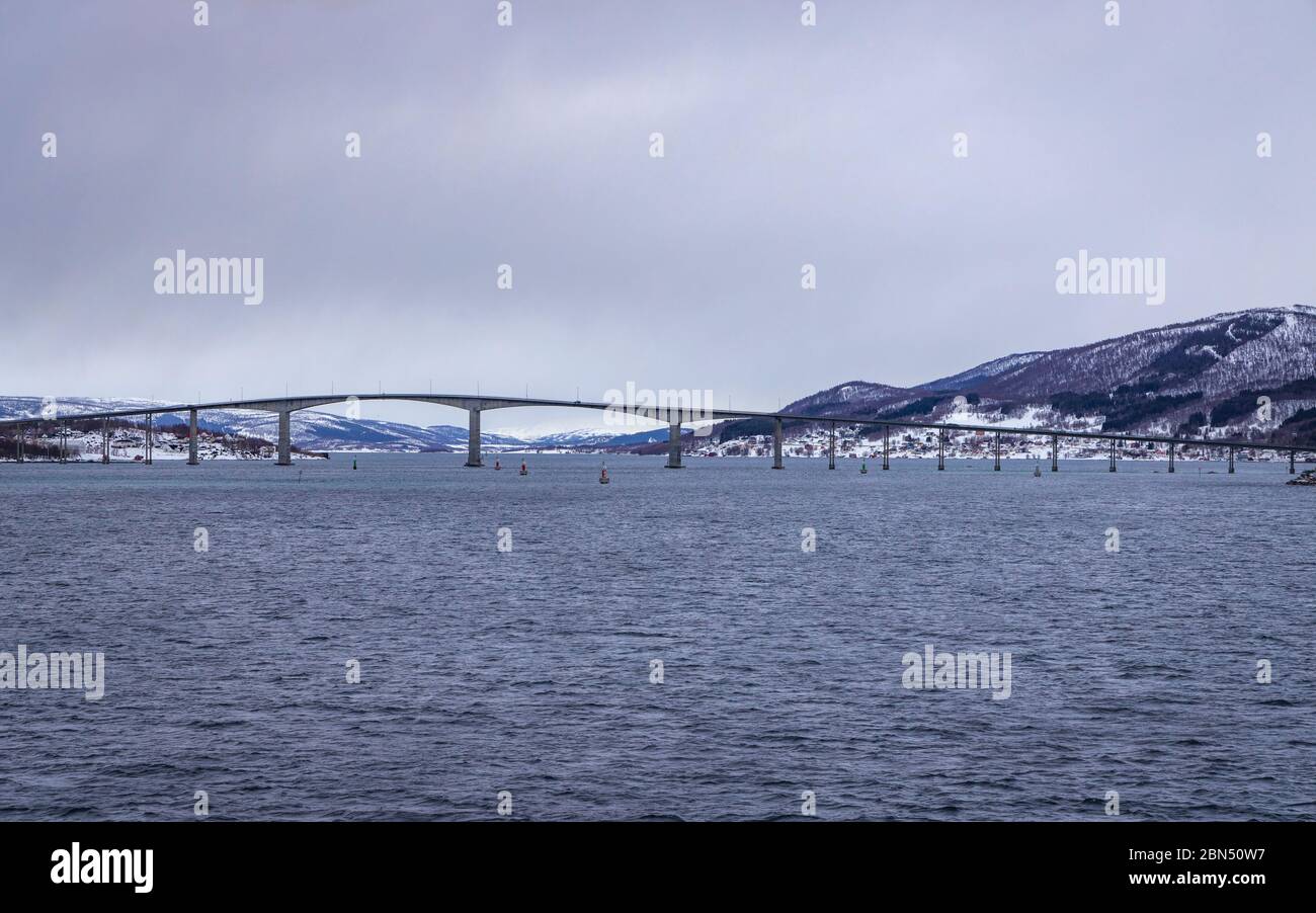 Cruise along Finnsnes under the bridge Stock Photo