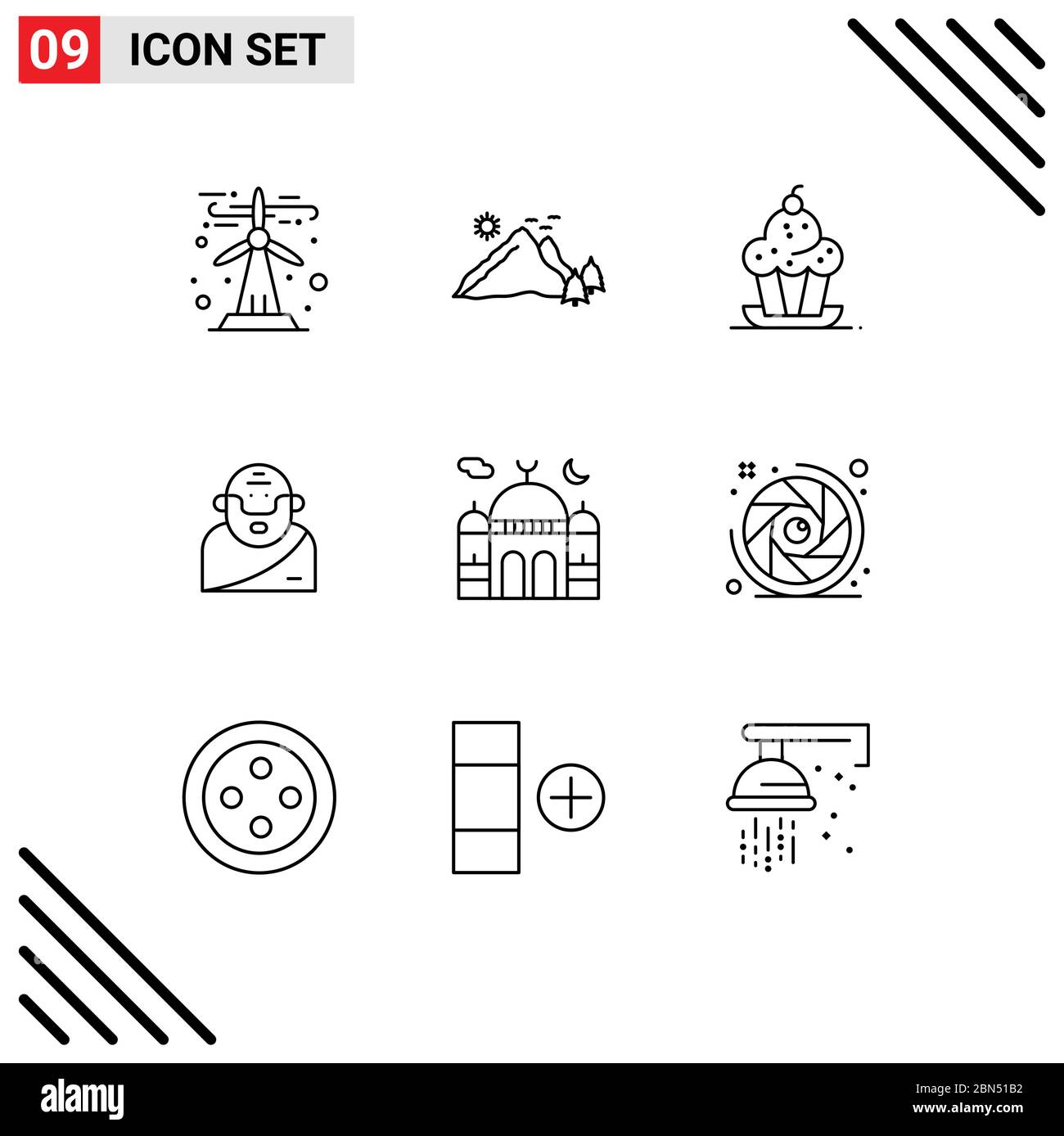 Group of 9 Outlines Signs and Symbols for old, greek, scene, god, sweet Editable Vector Design Elements Stock Vector