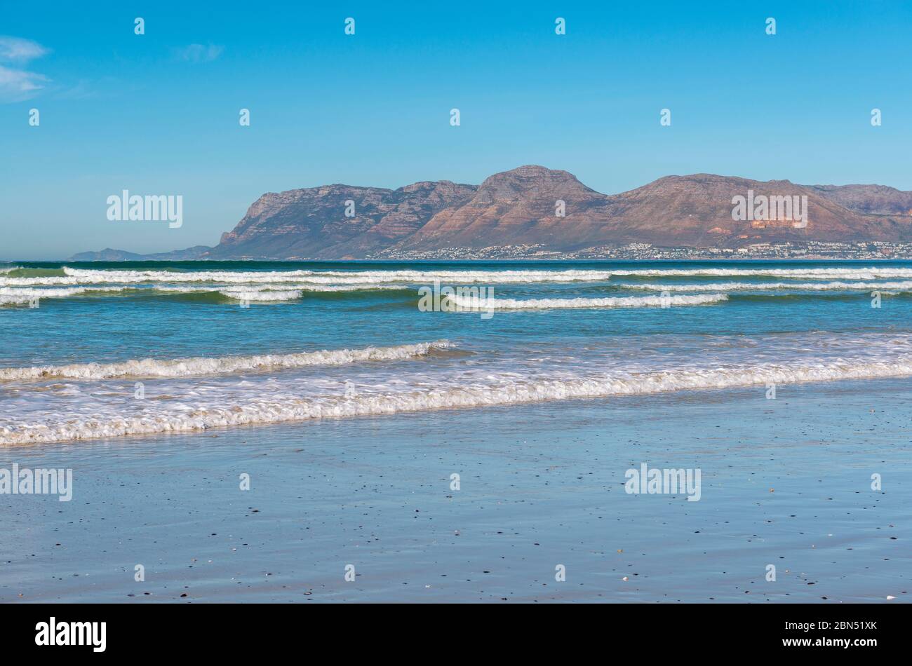 Landscape of surfers paradise Muizenberg Beach without people, Cape Town, South Africa. Stock Photo