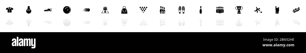 Bowling icons - Black horizontal Illustration symbol on White Background with a mirror Shadow reflection. Flat Vector Icon. Stock Vector