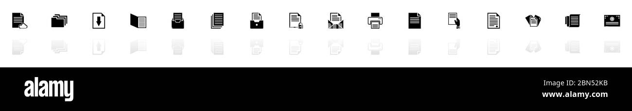 Documents icons - Black horizontal Illustration symbol on White Background with a mirror Shadow reflection. Flat Vector Icon. Stock Vector