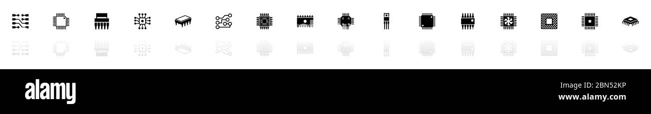 Computer Chips icons - Black horizontal Illustration symbol on White Background with a mirror Shadow reflection. Flat Vector Icon. Stock Vector