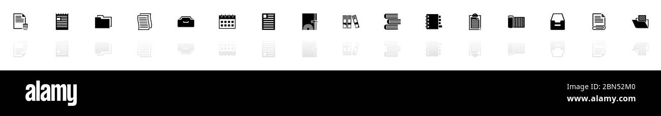 Documents icons - Black horizontal Illustration symbol on White Background with a mirror Shadow reflection. Flat Vector Icon. Stock Vector
