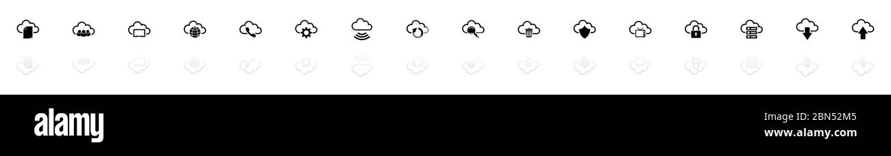 Computer Cloud icons - Black horizontal Illustration symbol on White Background with a mirror Shadow reflection. Flat Vector Icon. Stock Vector