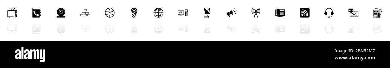 Communication icons - Black horizontal Illustration symbol on White Background with a mirror Shadow reflection. Flat Vector Icon. Stock Vector