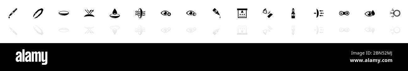 Eye Lens icons - Black horizontal Illustration symbol on White Background with a mirror Shadow reflection. Flat Vector Icon. Stock Vector