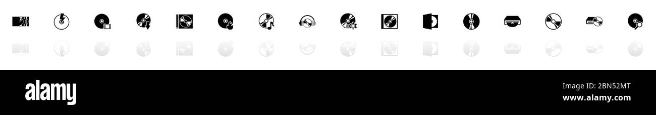 Compact Disk icons - Black horizontal Illustration symbol on White Background with a mirror Shadow reflection. Flat Vector Icon. Stock Vector