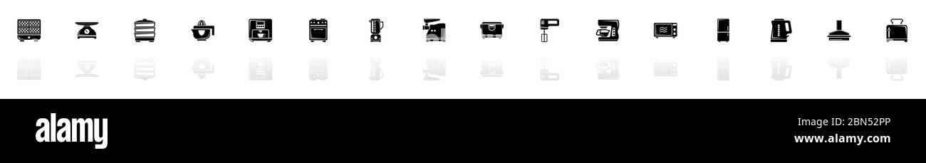 Kitchen icons - Black horizontal Illustration symbol on White Background with a mirror Shadow reflection. Flat Vector Icon. Stock Vector