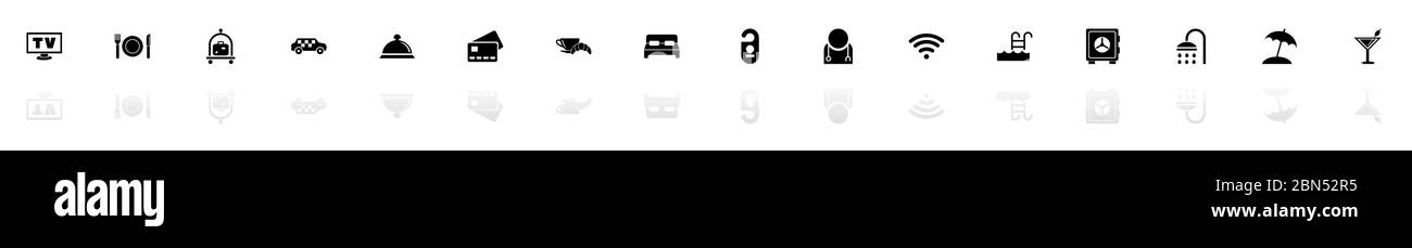 Hotel icons - Black horizontal Illustration symbol on White Background with a mirror Shadow reflection. Flat Vector Icon. Stock Vector