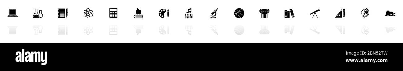 School Subject icons - Black horizontal Illustration symbol on White ...