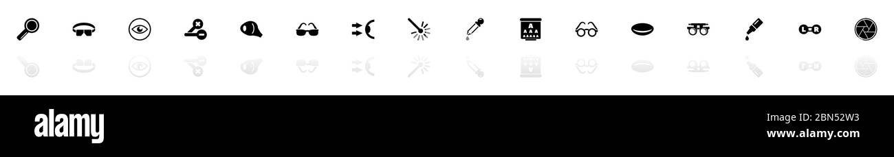 Optometry icons - Black horizontal Illustration symbol on White Background with a mirror Shadow reflection. Flat Vector Icon. Stock Vector