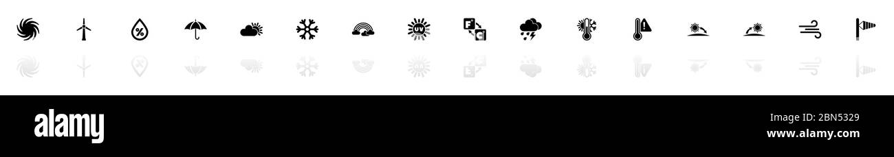 Weather icons - Black horizontal Illustration symbol on White Background with a mirror Shadow reflection. Flat Vector Icon. Stock Vector