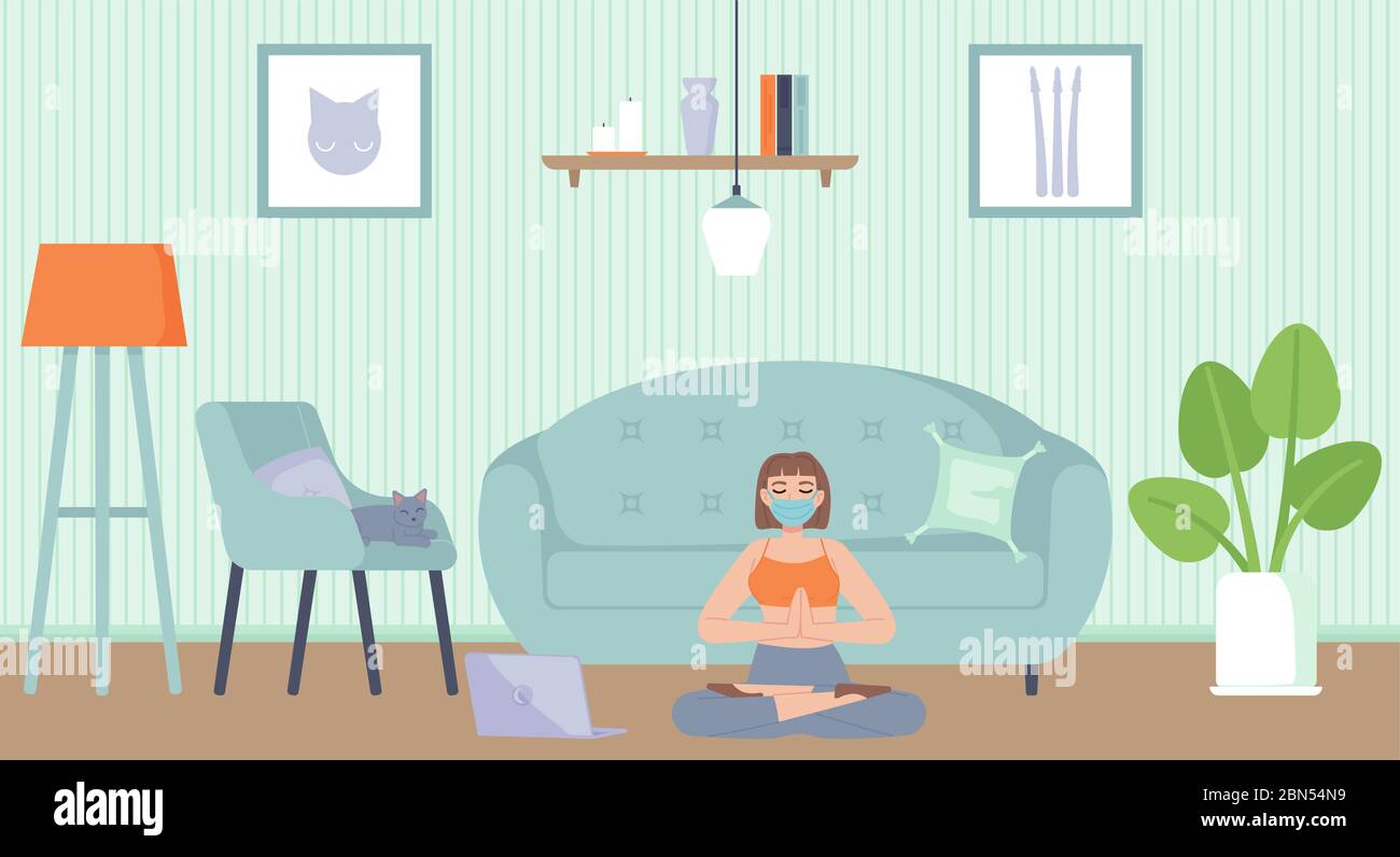 Young beautiful girl in face mask sitting in yoga lotus position in apartment. Health, mental and body relaxation, meditation, fitness, sport Stock Vector