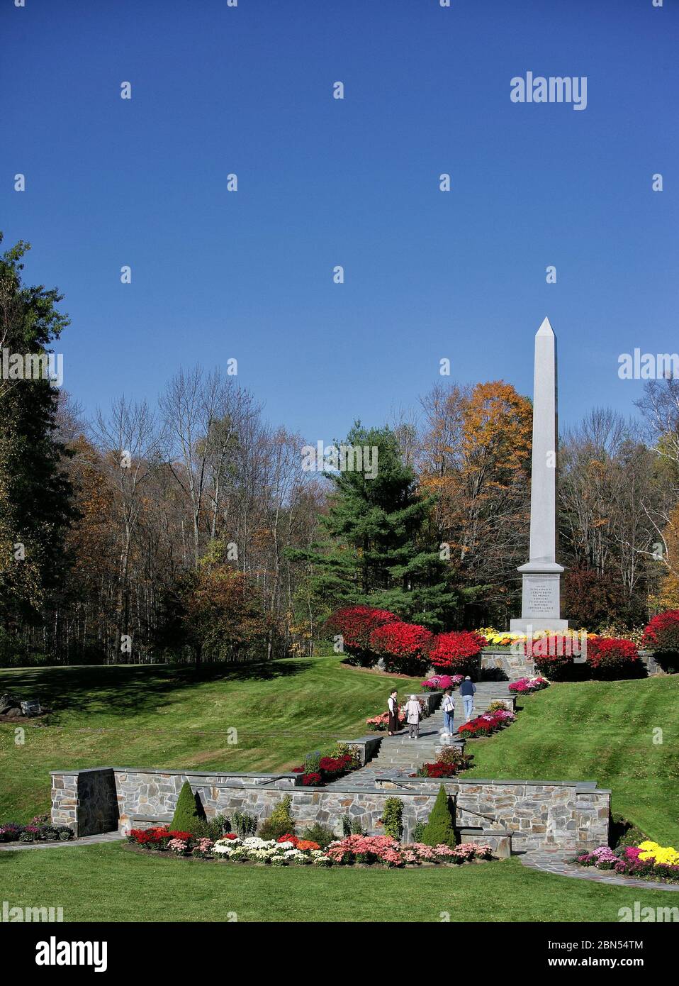 A grey granite obelisk  monument marking the birthplace of Joseph Smith, who restored the Church of Jesus Christ to the earth.. Stock Photo