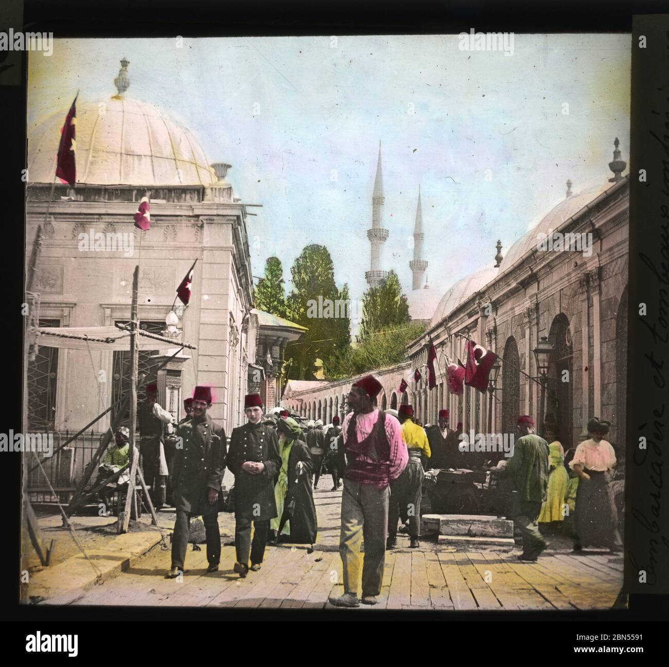 Piers and imperial tombs form the main street of Eyoub. The Eyüp district of Istanbul is located outside the city walls near the Golden Horn. Color (presumably hand colored) slide from around 1910. Photograph on dry glass plate from the Herry W. Schaefer collection. Stock Photo