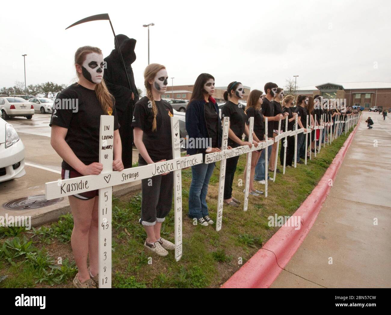 High school students participate in Shattered Dreams Program which is designed to educate the dangers associated with drinking and driving. Program includes visits from the Grim Reaper and face painting for students who have 'died'   January 12 , 2012 © Marjorie Kamys Cotera /  Daemmrich Photos Stock Photo