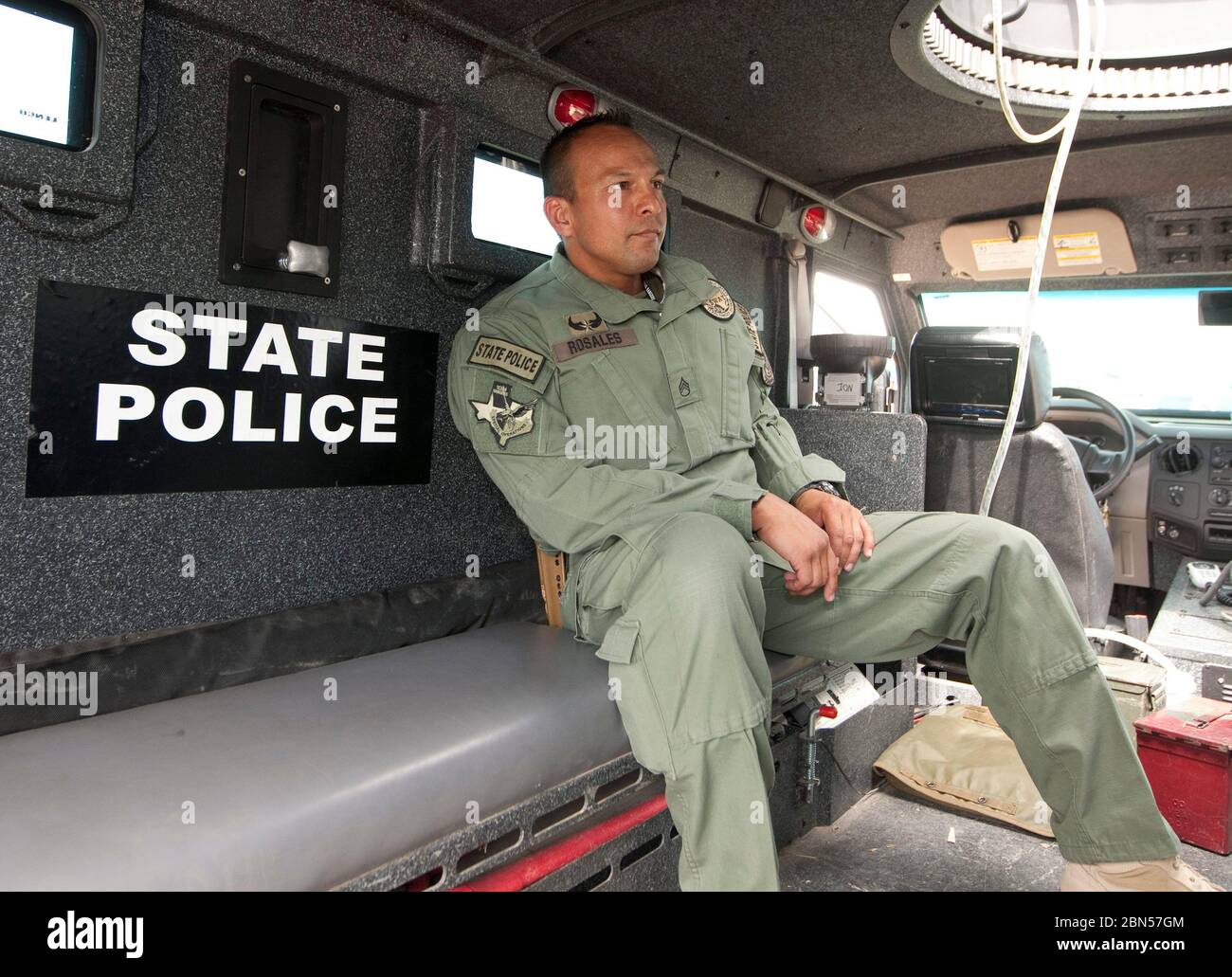 Austin Texas USA, June 2012: Member of the Texas Department of Public Safety S.W.A.T team sits inside an armored vehicle during a hurricane preparedness exercise.  ©Marjorie Kamys Cotera/Daemmrich Photography Stock Photo