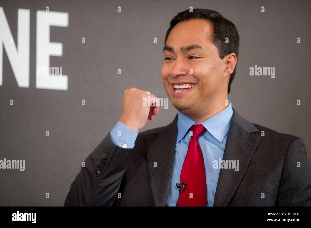 Austin Texas USA, December 1 2011: Hispanic politician Joaquin Castro of San Antonio speaks to Evan Smith at a Texas Tribune event. the Stanford and Harvard educated Castro, 37, has announced his intentions to run for United State Senate in 2012. His twin brother, Julian, is the mayor of San Antonio. ©Bob Daemmrich Stock Photo