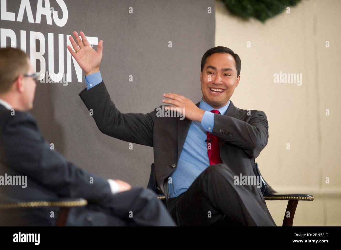 Austin Texas USA, December 1 2011: Hispanic politician Joaquin Castro of San Antonio speaks to Evan Smith at a Texas Tribune event. the Stanford and Harvard educated Castro, 37, has announced his intentions to run for United State Senate in 2012. His twin brother, Julian, is the mayor of San Antonio. ©Bob Daemmrich Stock Photo