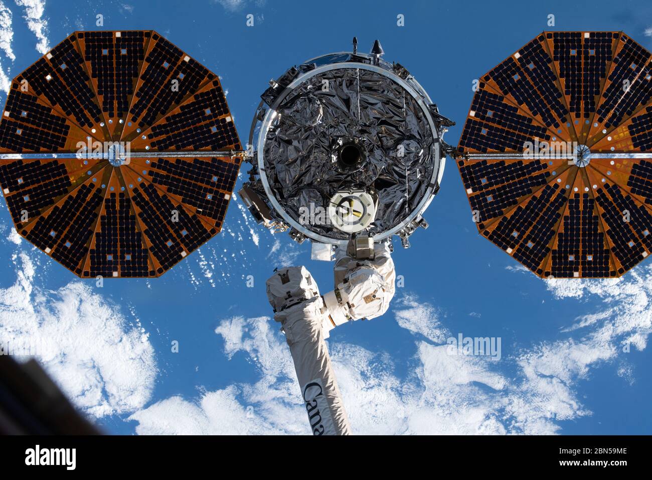 International Space Station, Earth Orbit. 11th May, 2020. International Space Station, EARTH ORBIT. 11 May, 2020. The Northrop Grumman Cygnus spacecraft with the distinct cymbal shaped UltraFlex solar arrays is released by the CanadaArm2 ending its 83-day stay at the International Space Station May 11, 2020 in Earth Orbit. Credit: NASA/NASA/Alamy Live News Stock Photo
