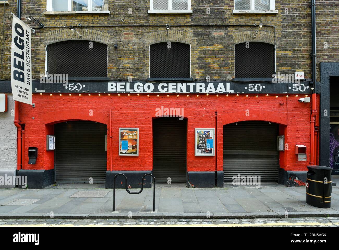 London, UK.  12 May 2020. The shuttered exterior of popular restaurant Belgo Centraal in Covent Garden, now, closed, during the ongoing coronavirus pandemic lockdown.  Credit: Stephen Chung / Alamy Live News Stock Photo