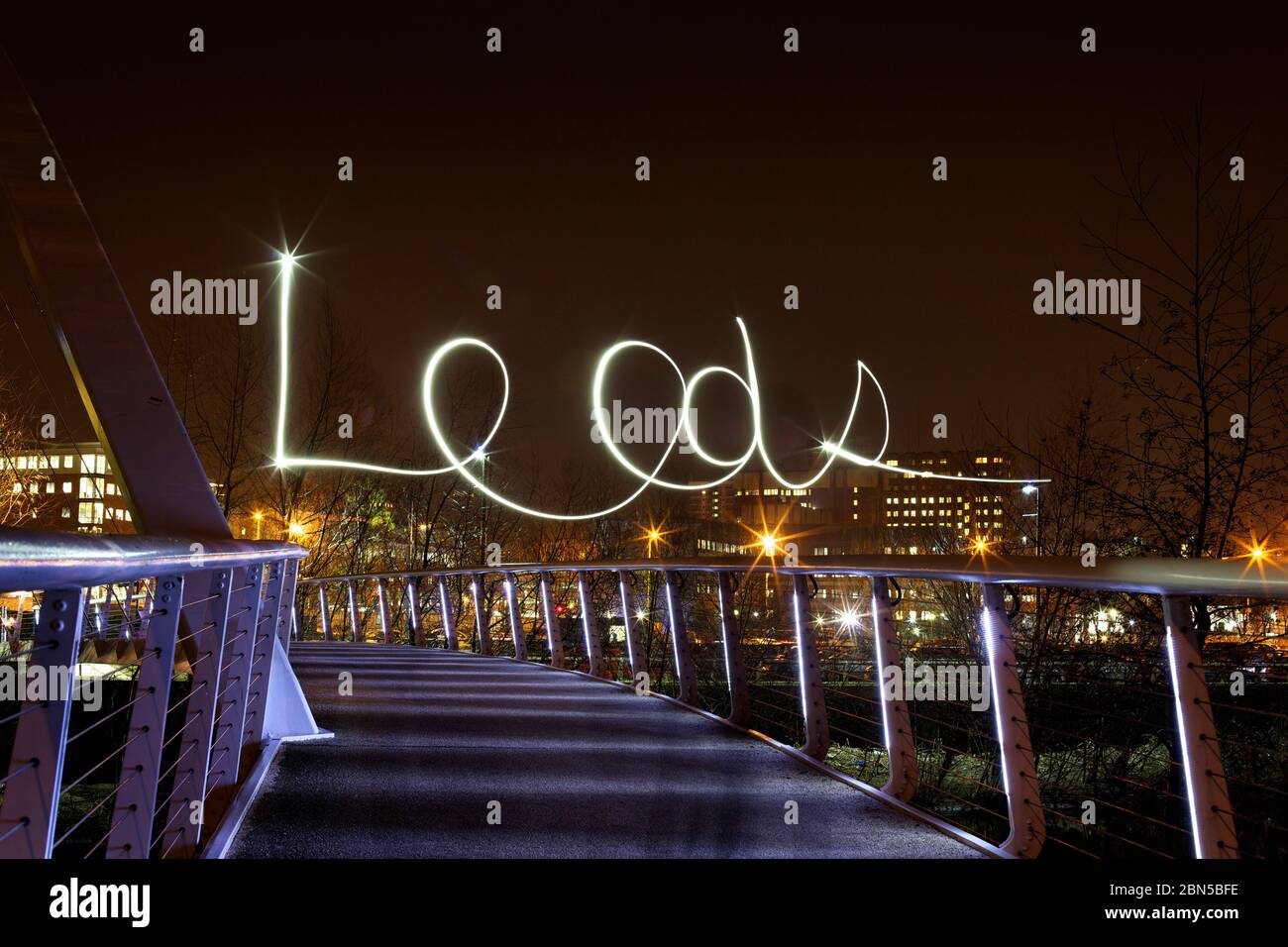Abstract light writing of the word Leeds captured at night, Stock Photo