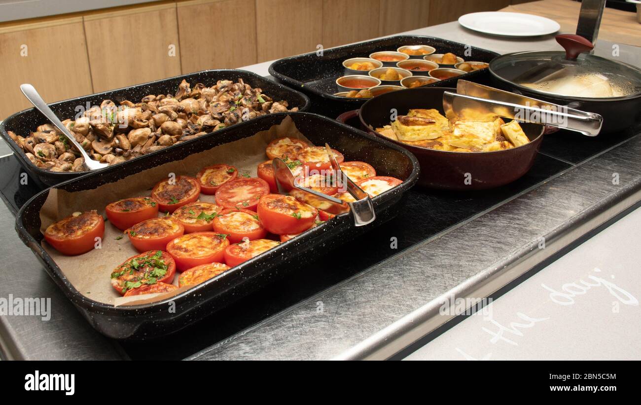Selection of self service catering continental breakfast buffet display