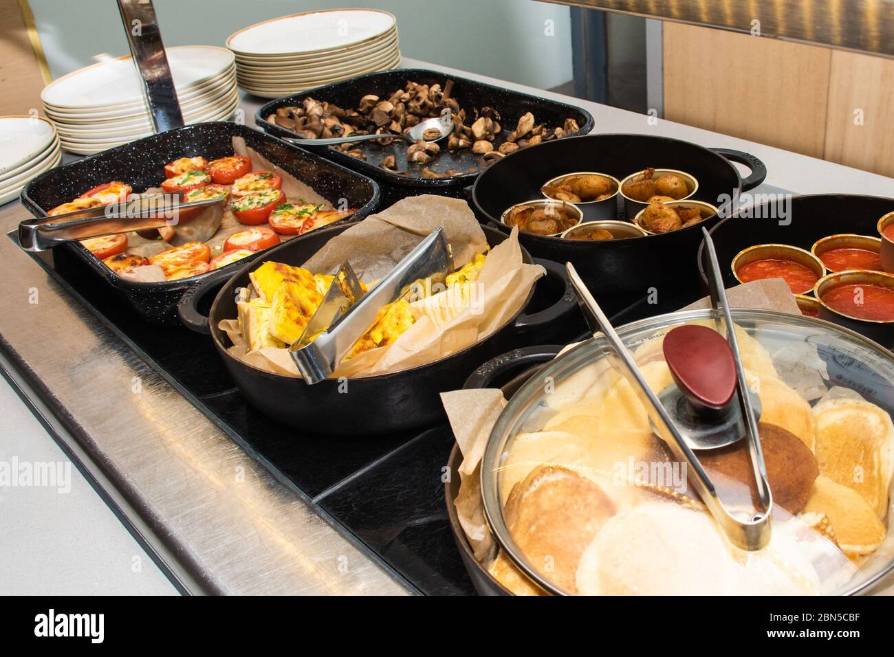 Selection of self service english continental breakfast buffet display