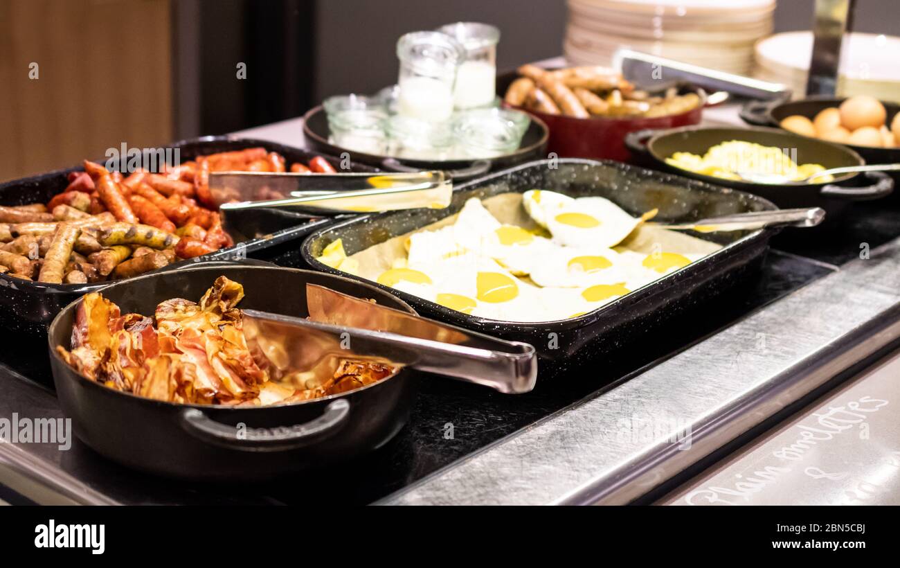 hotel breakfast buffet with scrambled eggs
