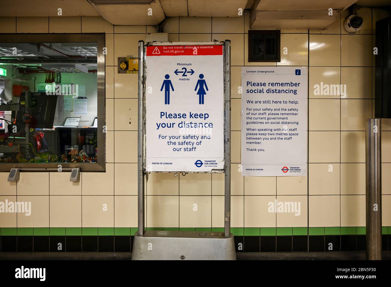The ticket office with notices to stay apart by 2 meters, remember social distancing, during the coronavirus pandemic. Stock Photo