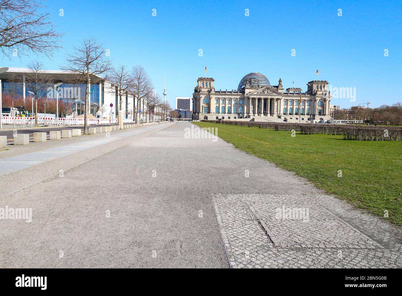 Reichstag building is almost deserted during Coronavirus shutdown in Germany. Stock Photo