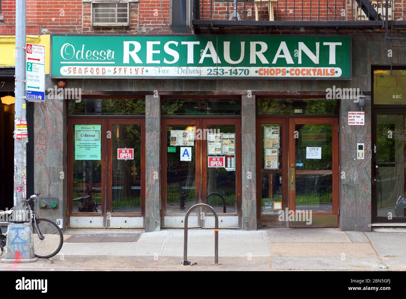 Odessa, 119 Avenue A, New York, NY. exterior storefront of an Eastern European diner in the East Village neighborhood of Manhattan. Stock Photo